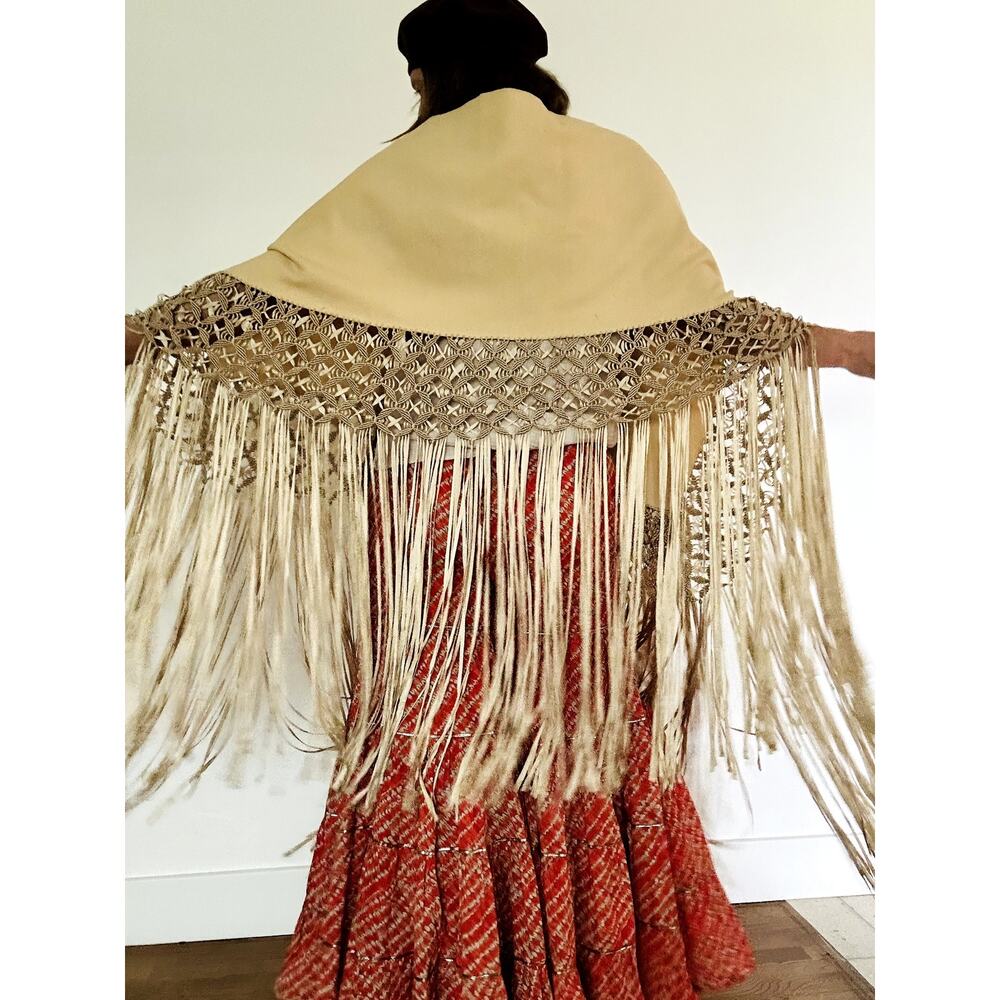 Vintage Wool Silk Fringe Shawl Wrap Neutral Formal Evening Accessory Elegant